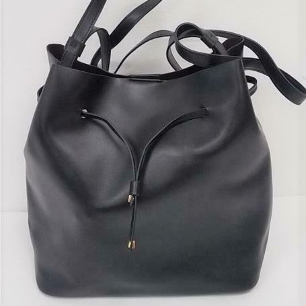 LODIS Large Black Leather Drawstring Bucket Bag